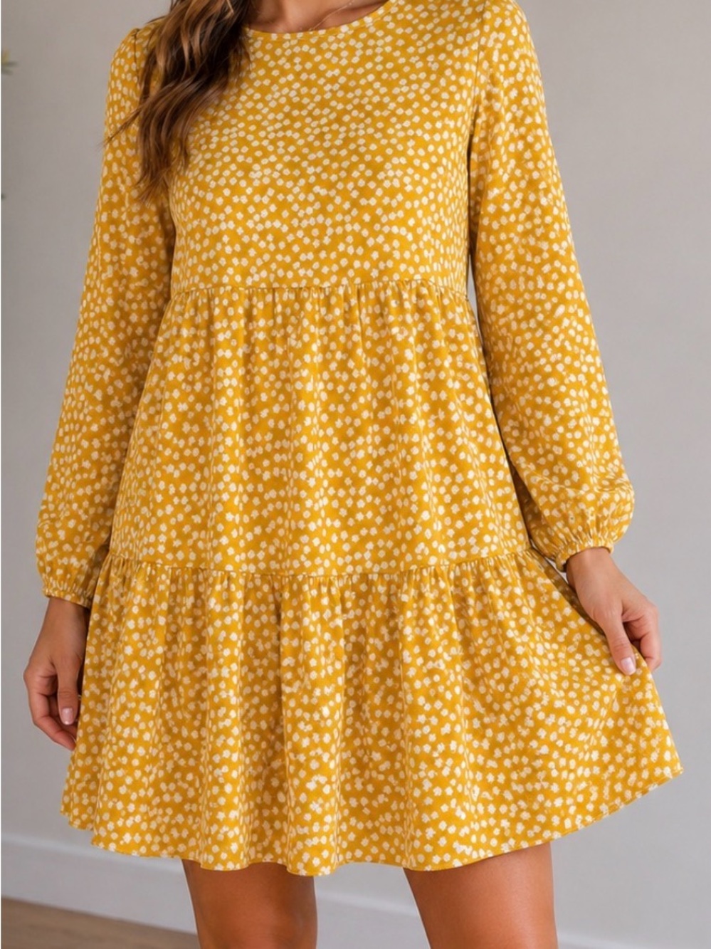 Forever 21 Mustard Floral Long Sleeve Dress